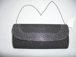 Damenhandtasche, Clutch, in schwarzen Glitterstoff, Strass und Tragekette - Bild 1 von 1