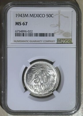 Mexico 1943 - M 50 Centavos Silver Coin ChBU Uncirculated Unc NGC MS 67 KM# 447 - Image 1 of 2