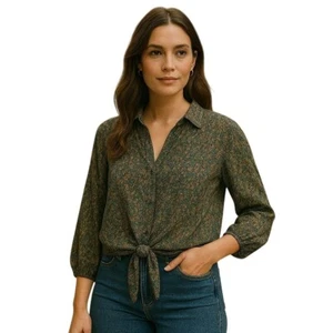 Kim & Cami Floral Print Tunic Top Blouse Tie Waist Long Sleeve Large - Picture 1 of 8