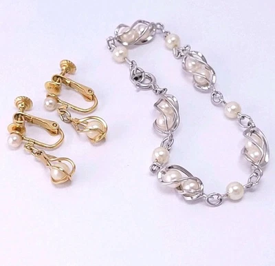 Винтажный 12k GF искусственного жемчуга клетка белое золото браслет и Napier GT винт назад серьги - Изображение 1 из 4