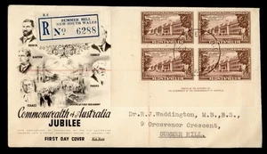 DR WHO 1951 AUSTRALIA FDC JUBILEE WIDE WORLD CACHET BLOCK REGISTERED M45727 - Picture 1 of 2