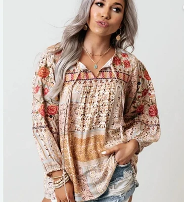 Blusa Boho Impressions Multicolor Patchwork Bordada Floral Med Nueva Sin Etiquetas Foto 1 de 4