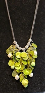 Vintage Green Abalone Shell Plastic Beads Faux Pearl Black Cord Boho Silver Tone - Picture 1 of 7