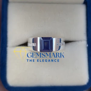 Natural Blue Sapphire Handmade Men's Ring, 925 Sterling Silver Neelam and Zircon - Picture 1 of 5