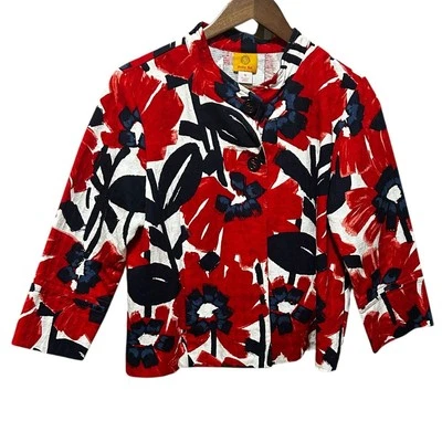 Ruby Road Women Jacket 12 Black Red Abstract Floral Retro Mod Office Blazer - Image 1 of 4