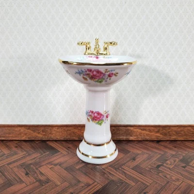 Dollhouse Pedestal Sink Bathroom Dresden Rose Reutter Porcelain 1:12 Scale