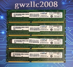 32GB (4x8GB) PC3-12800u DDR3-1600MHz 2Rx8 Non-ECC Crucial CT102464BA160B.C16FER - Picture 1 of 2