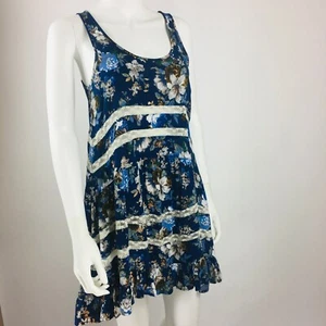 Jodifl Babydoll Tunic Lace Trim Navy Blue Flowers Boho Size Small - Picture 1 of 7