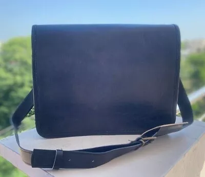 13'' Handmade Men's Black Leather Messenger Bag Satchel Briefcase Shoulder Lapto - Image 1 of 4