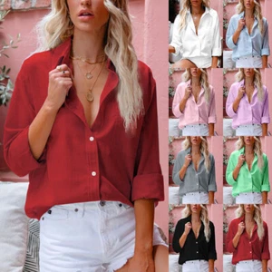 Womens Baggy Cotton Linen Shirts Button Up V Neck Tops Ladies Long Sleeve Blouse - Picture 1 of 25