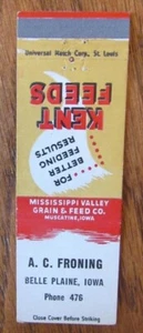 FARMING MATCHBOOK COVER: KENT FEEDS A. FRONING BELLE PLAINE, IOWA MATCHCOVER -D8 - Picture 1 of 2