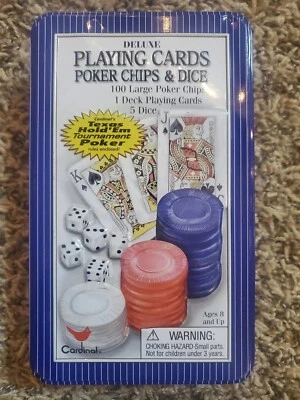 Collectors Playing Cards 100 Large Poker Chips & 5 Dice game in a Tin (desc) - Image 1 of 4