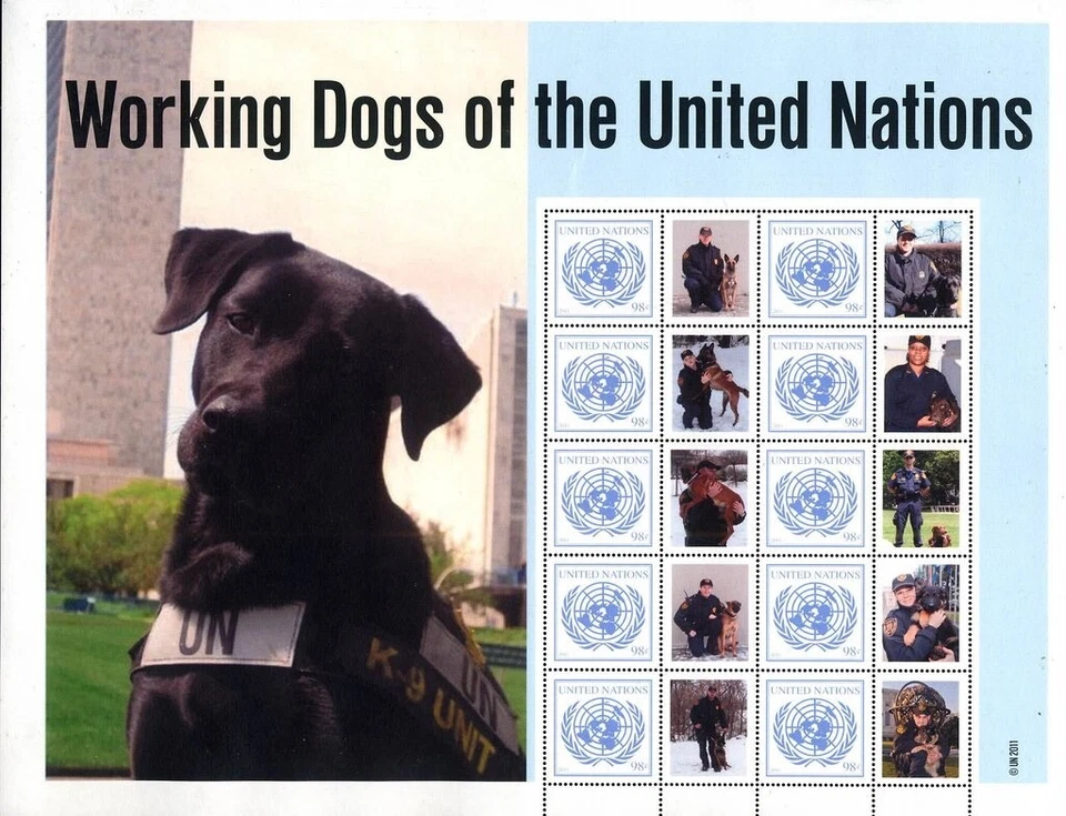 [OOS] UN New York #Mi1253 MNH M/S 2011 UNO ONU emblema perros de trabajo policía LEO [1 Foto 1 de 1