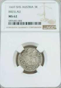 1669 SHS AUSTRIA SILVER 3 KREUZER 3K LEOPOLD I BRESLAU MINT NGC MS 62 BEAUTIFUL - Picture 1 of 4