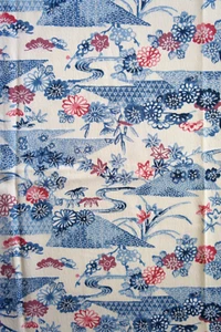 Vintage Japanese Silk Kimono Fabric White Blue Floral River Katazome 161cm - Picture 1 of 9