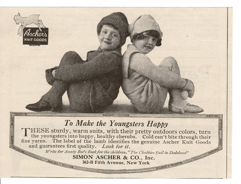 1918 ASCHER KNIT GOODS logotipo de cordeiro bonito menina menino moda Vintage Impressão Anúncio - Imagem 1 de 1