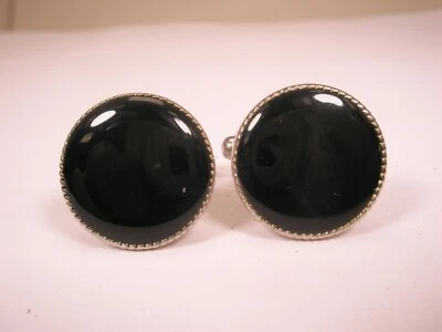 Gemelos vintage redondos de piedra negra de 3/4" y tono plateado Foto 1 de 4