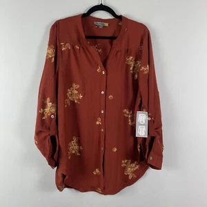 Fig & Flower Embroidered Button Up Shirt Blouse Size XL Rust Roll Tab Sleeves - Picture 1 of 10