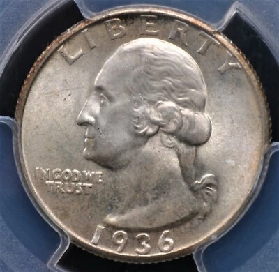 1936 S WASHINGTON QUARTER PCGS MS65 CREAMY SMOOTH SOFT WHITE A FEW FACIAL TICKS - Image 1 of 3