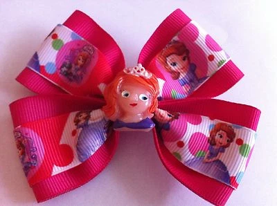 Moño de pelo para niñas de 4" de ancho Sofía la primera cinta rosa intenso grosgrain pasador francés Foto 1 de 3
