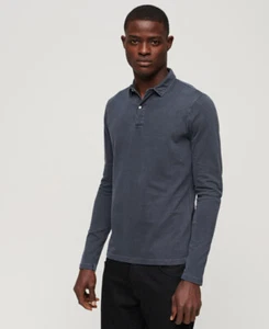 Superdry T-Shirt Long Sleeve Studios Jersey Polo Button Fastened Collar Blue - Picture 1 of 6