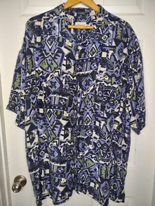 JT Beckett Hemd 2XL Tribal Camp 100% Waschbar Seide Blau Grün Weiß Vintage. - Bild 1 von 9