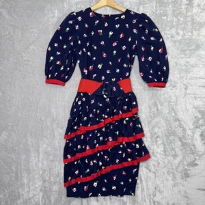 Vintage Go Vicki Kleid Damen Größe 6 Blau Rot Blumen Rüschen Gürtel Retro 80er USA - Bild 1 von 10