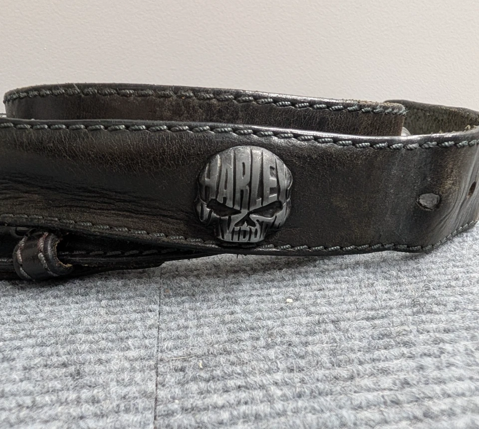 Ремень Harley Davidson мужской 40 черный кожаный металлический череп логотип мотоциклиста винтажный США - Изображение 1 из 4