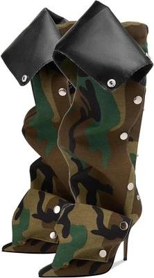 Botas de mezclilla Arqa para mujer con tacón de aguja hasta la rodilla con apliques en punta...  Foto 1 de 4