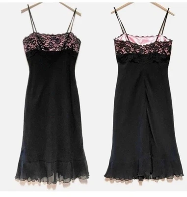 Y2K Bratz Express 100% Silk Black Lace & Pink Mini Goth Cocktail Dress - Image 1 of 4