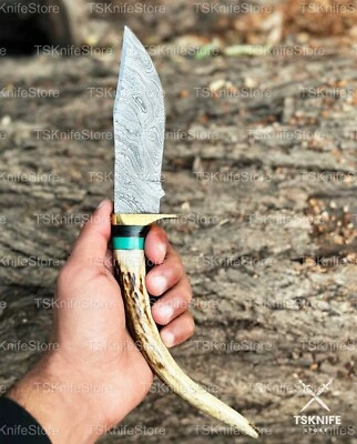 Custom Handmade Damascus Steel Camping Knife Ram Horn Handle With Leather Sheath - Image 1 of 4