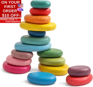 16Pcs Extra-Large Wooden Sorting Stacking Rocks - Safe Montessori Toys for 1-3 Y - Picture 1 of 12