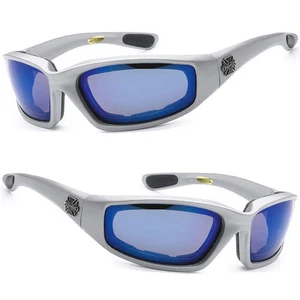Occhiali da sole biker Choppers imbottiti in schiuma antivento montatura argento lenti blu C17 - Foto 1 di 5