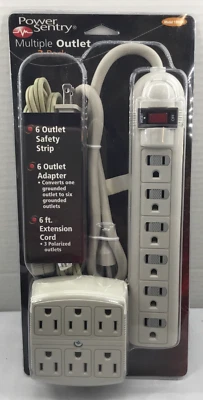 New Power Sentry 3 Pack Multiple Outlet Set Extension Cord Safety Strip 6 Outlet - Image 1 of 3