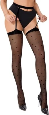 Heart Suspender Pantyhose Sheer Mesh Sexy Thigh High Stockings Women One size - Image 1 of 4