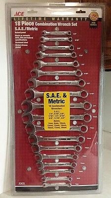 ACE 18 PIECE COMBINATION WRENCH SET SAE & METRIC 12 PT WRENCHES MODEL 2188043 - Image 1 of 3