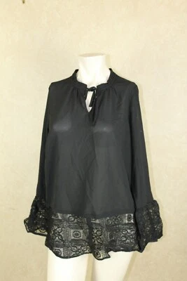 Design History 全新女式织布蕾丝黑色长袖衬衫上衣 __B8D1 — 第 1/4 张图片