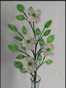 NEW handmade French beaded Flowers Dogwood Branch Frosted White And Green - Picture 1 of 3