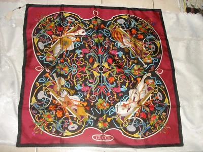 AUTHENTIC GUCCI BURGUNDY MULTI COLOR HAND ROLLED SILK SHAWL SCARF 35"  ITALY - Image 1 of 4