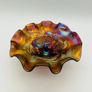 Vintage Dugan Karneval Glas Kirschen 3 Zehen gekräuselte Schale Amethyst Sockel - Bild 1 von 7