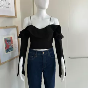 SHEIKE Black Crop Top/Ruffled Neckline/Cold Shoulder/Size 8 AU/Split Sleeves - Picture 1 of 10