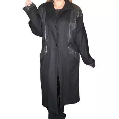 Vintage Long Black Wool Coat Size 10 Made in USA Leather Snakeskin Trim - Image 1 of 4