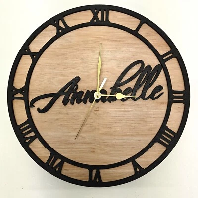 black personalised laser cut wood wooden wall clock door name word number letter - Image 1 of 4
