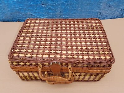 Vintage Woven Wicker Picnic Bag with Blue Checkered Liner – 46cm x 32cm x 20cm - Image 1 of 4