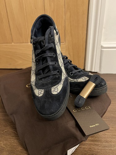 Gucci Barcelona Allenatore stringato. Beige blu GG Plus con pelle scamosciata blu taglia 39 5G