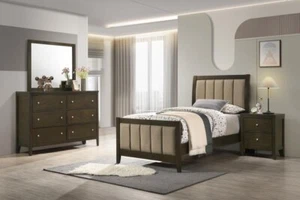 4 PC COCOA FINISH BROWN FABRIC WOOD TWIN BED NS DRESSER BEDROOM FURNITURE SET - Picture 1 of 24