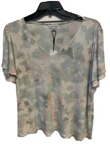 Calvin Klein Womens Top Teal Green Cream V-neck Short Sleeve Size 3X New - Picture 1 of 7