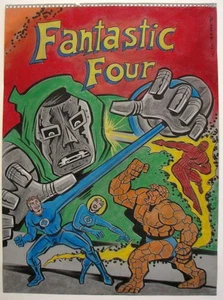 FANTASTIC FOUR vs DOCTOR DOOM Original Chalk ART Marvel Mike Bennett Art - Picture 1 of 1