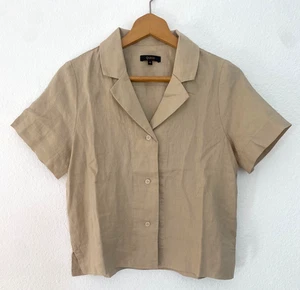 Quitte Damen XS 100% Europäisches Leinen Kurzarm Hemd Treibholz Beige Minimal - Bild 1 von 8