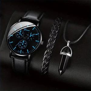 3 Stck. Herren Business Casual Uhr Halskette Armband Set Lederband Quarzuhr - Bild 1 von 8